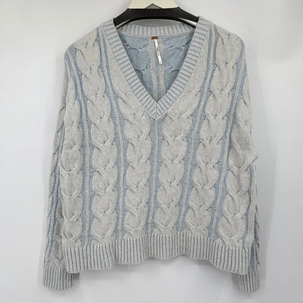 Free People Light Blue and Cream Cable Knit V-Neck Sweater